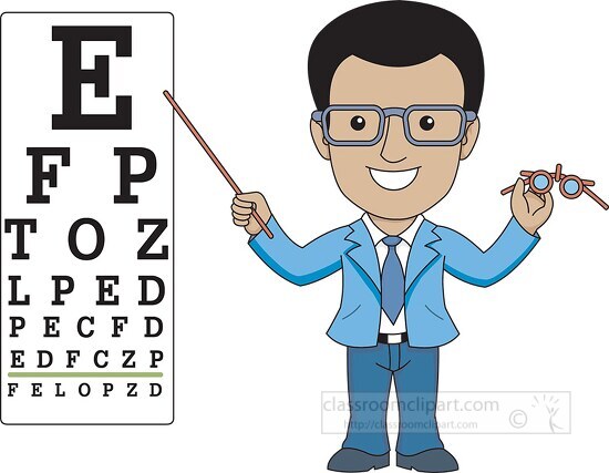 optician pointing to eye exam chart clipart