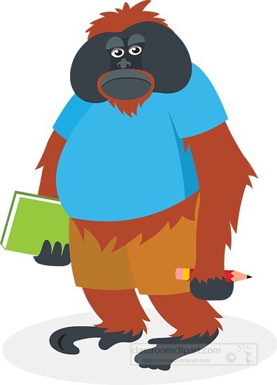 orangutan character with book and pencil school clipart