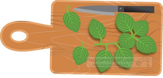 oregano on wood cutting board with knife clipart