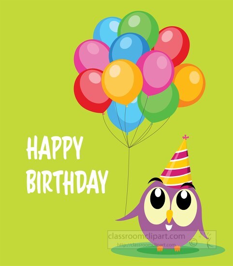owl character holding birthday balloons clipart
