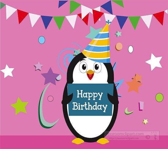 penguin wearing birthday hat holding birthday card pink backgrou