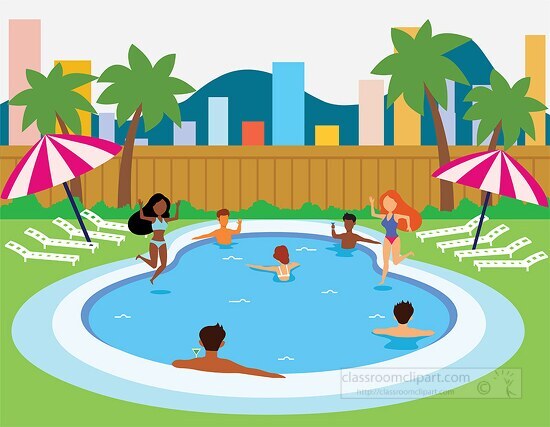 people enjoying backyard swimming pool during hot summer clipart