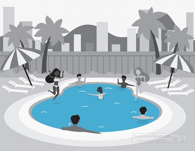 people enjoying backyard swimming pool during hot summer gray co