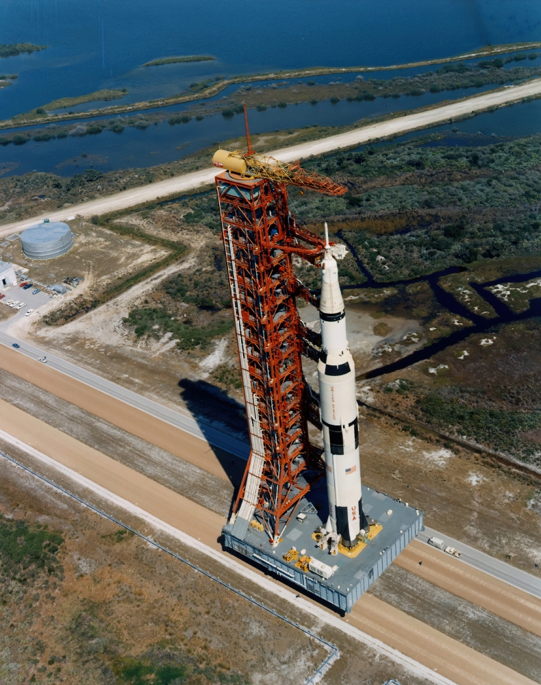 aerial view of Apollo 10 Saturn V during rollout