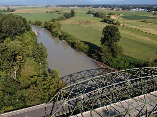 Aerial view of bridge over the nooksack river in washington