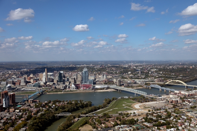 Aerial view showing the connection between downtown Cincinnati K