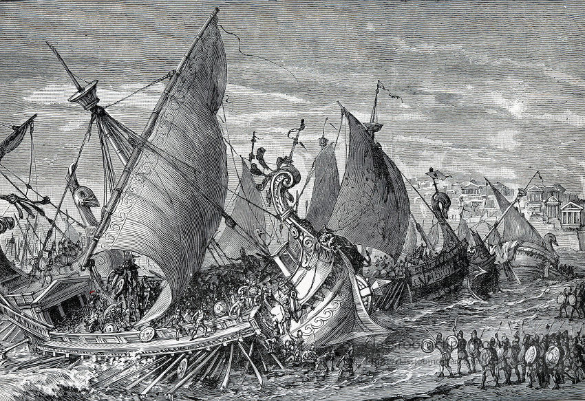 ancient greek sailing ships at battle