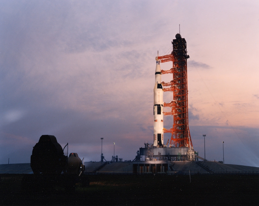 apollo 13 saturn v on the pad at dusk