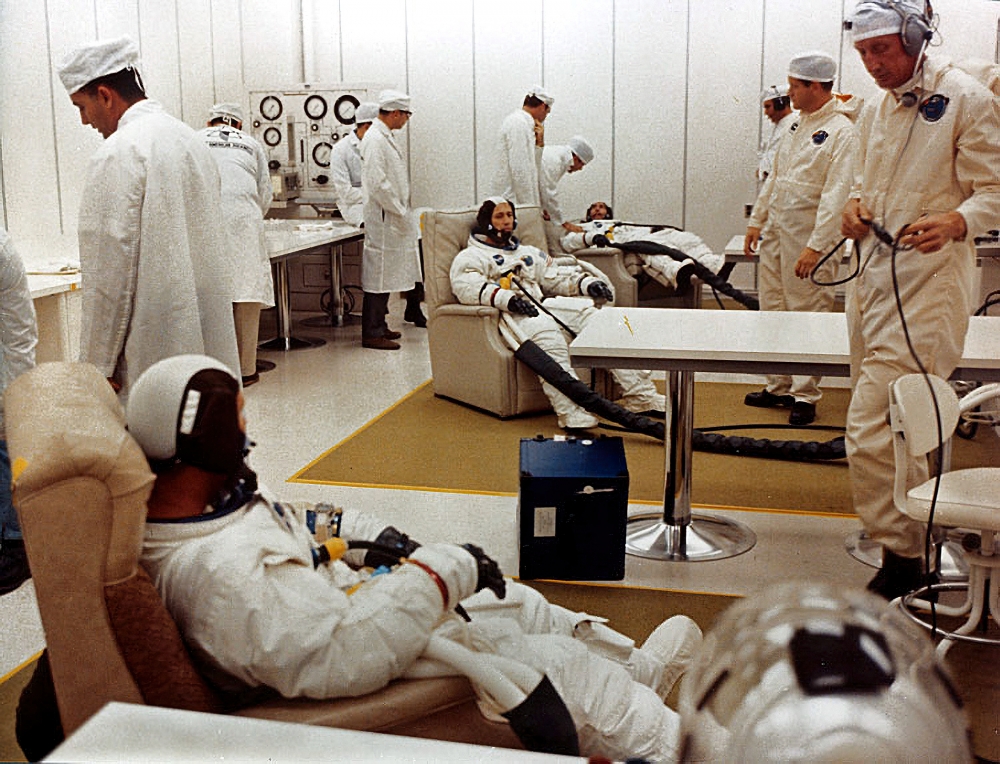 Apollo 7 crew goes through suiting up operation