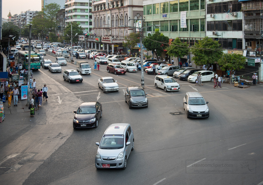 Car traffic on the streets Yangon Myanmar