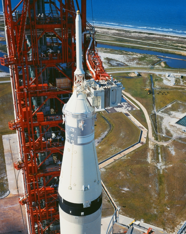 closeup of apollo 11 saturn v and spacecraft at pad