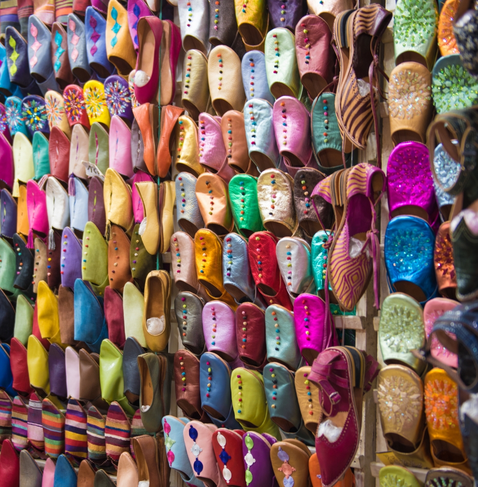 Colorful Leather Moroccan slippers for sale in souk Morocco Phot