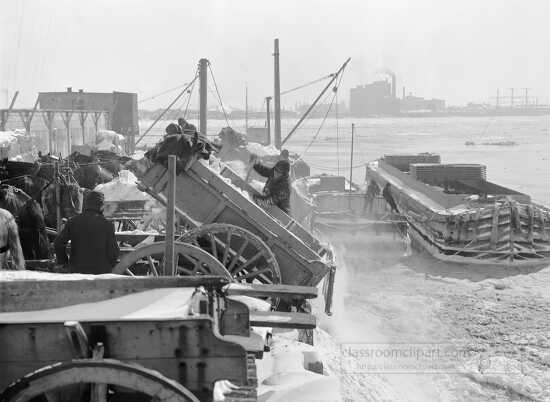 dumping snow into the river after a blizzard New York