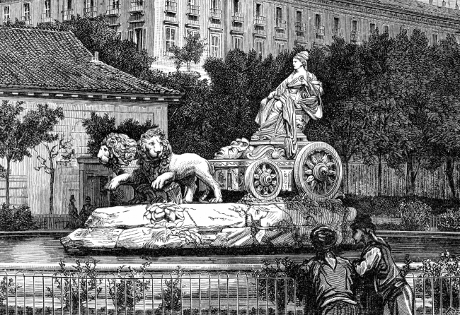 fountain of cybele spain historical engraving 012