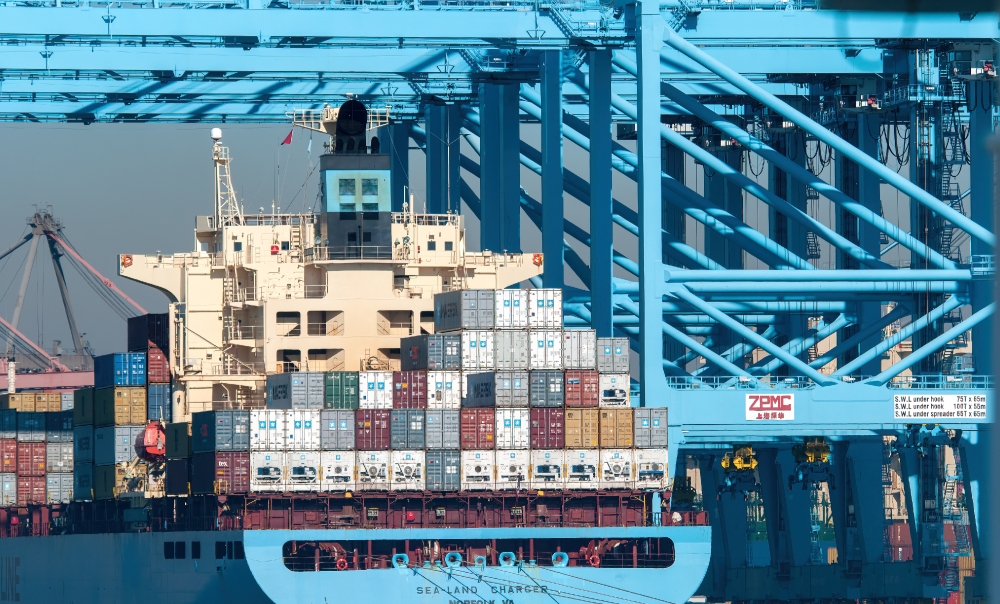 large ship filled with containers in los angeles harbor