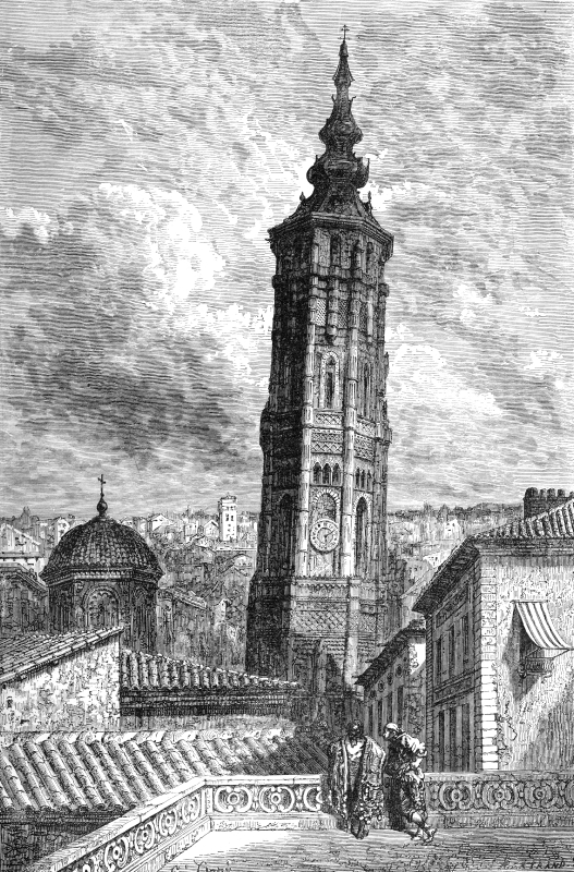 leaning tower saragossa spain historical engraving 011