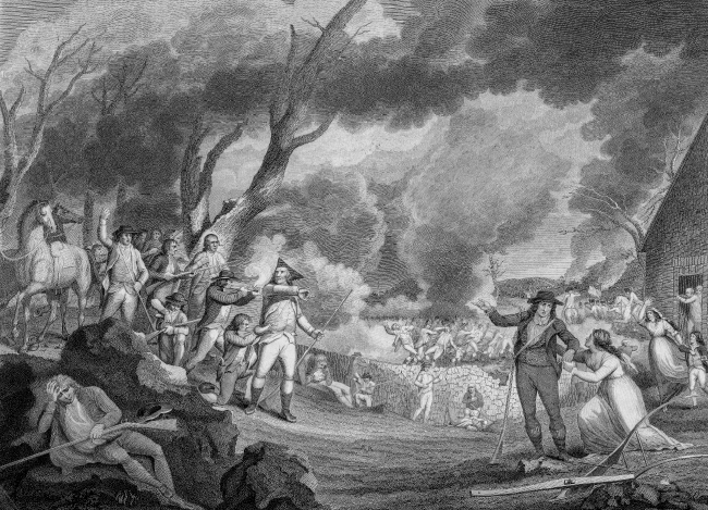 Minute Men firing on the British in Lexington