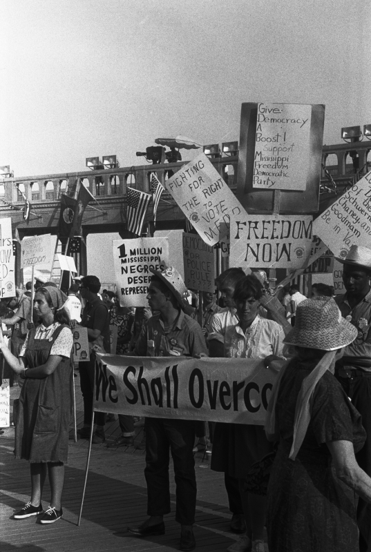 Mississippi Freedom Democratic Party holding signs in front of t