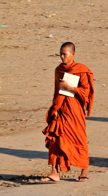 Monk Walking Along Road Phnom Penh Cambodia 