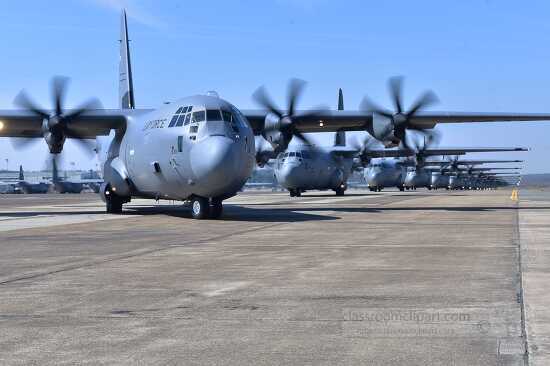 Nineteen C-130J aircraft take part in an elephant walk before ta