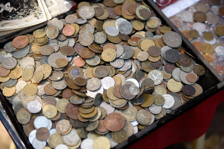 old coins for sale at outdoor market in yangon myanmar