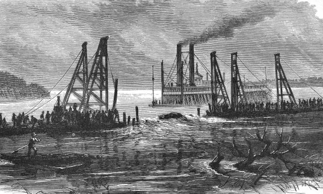 removing snags by dredging mississippi river historical illustra