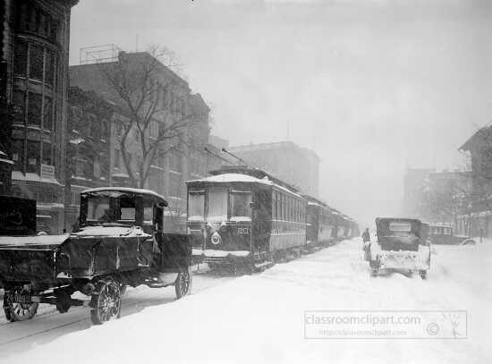 snow covered street cars after blizzard in 1922
