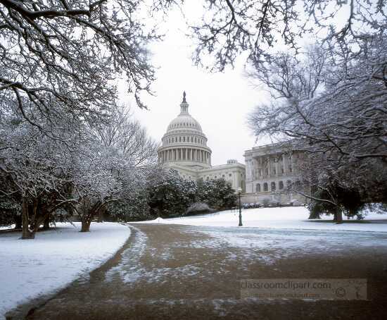 Snow covered winter view of the US Capitol Washington DC