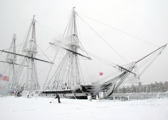 snow in front of uss constitution. constitution is the world