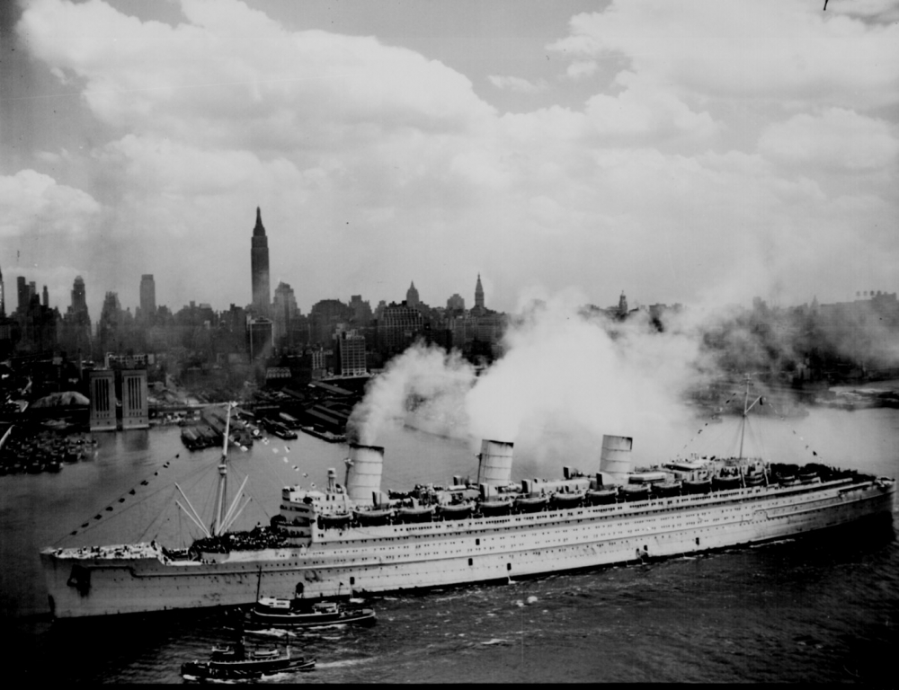 The famous British liner QUEEN MARY arrives in New York Harbor