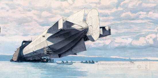 view of back of zeplin airship in hanger historical illustration
