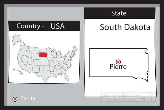 pierre south dakota state us map with capital bw gray