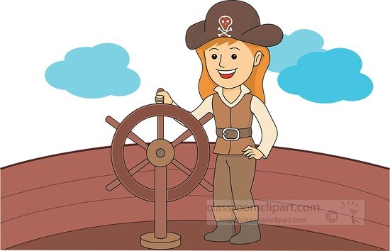 pirate girl controlling wooden ship wheel clipart
