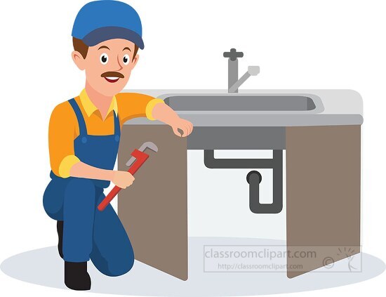 plumber holding wrench to work on a sink clipart