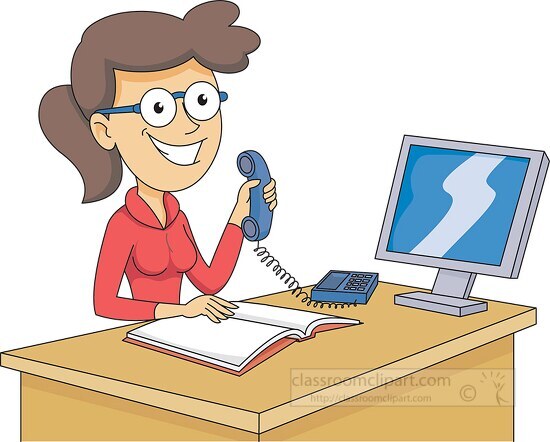 receptionist sitting at desk holding telephone clipart