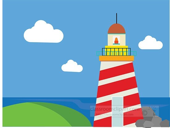 red white lighthouse on coast blue sky clouds clipart