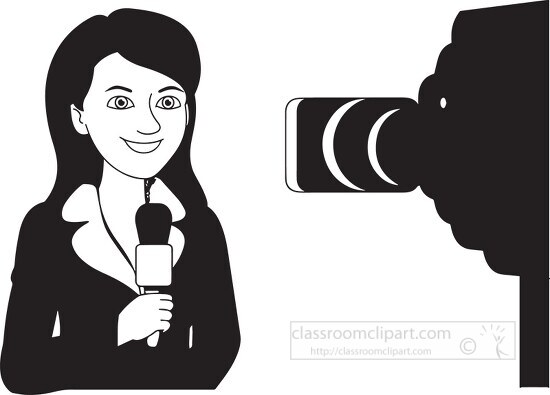 reporter lady in front of camera black outline clipart