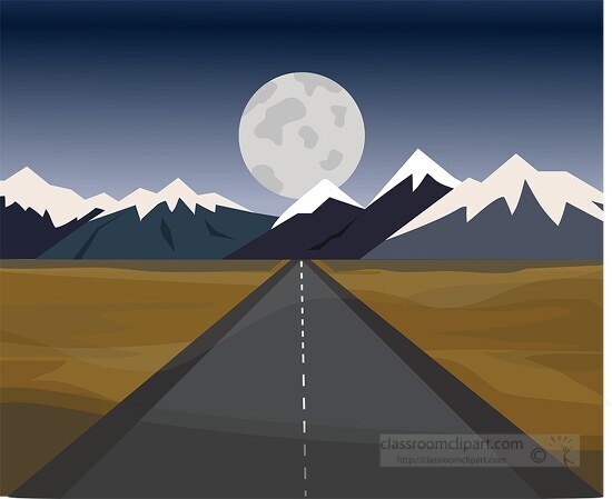 road with full moon above mountains clipart image