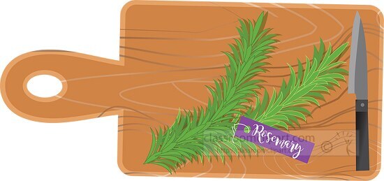 rosemary on wood cutting board with knife clipart