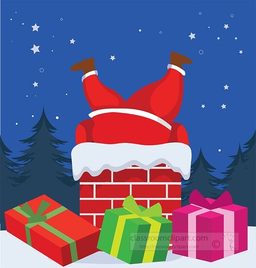 santa claus stuck in chimney with christmas gifts clipart