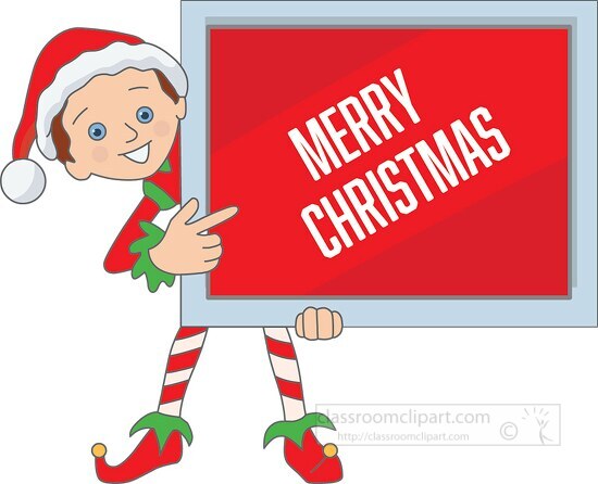 santa elf holding a merry christmas sign clipart