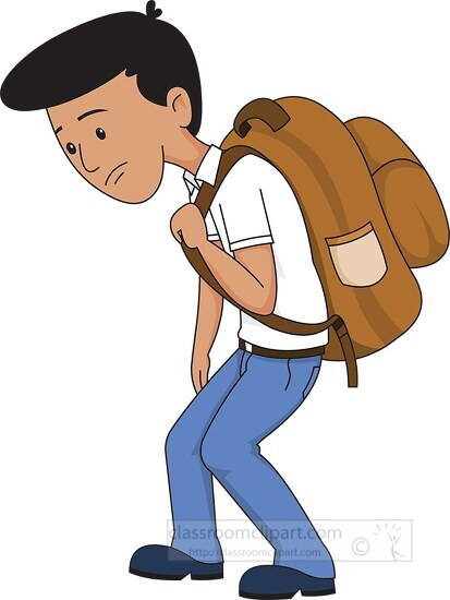 sas faced boy carries heavy bagpack school clipart