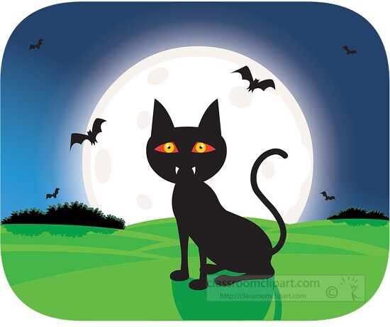 scarry cat sittingl moon bats in background halloween clipart