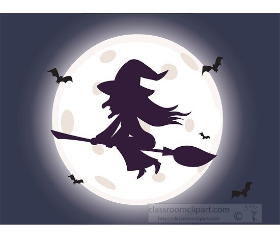 scarry witch flying on broomstick in front of fullmoon halloween