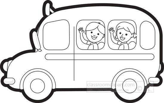 school bus with children black outliine cutour
