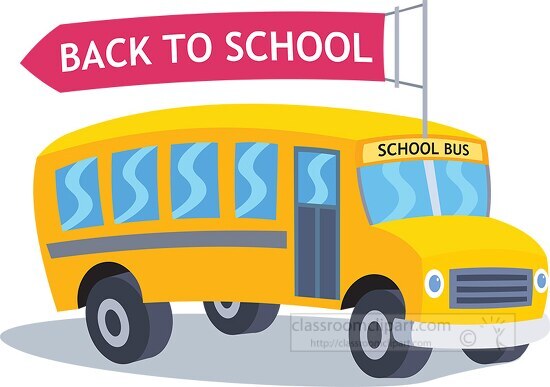 school bus with rooftop flying banner back to school clipart