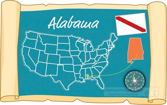 scrolled usa map showing alabama state map flag clipart