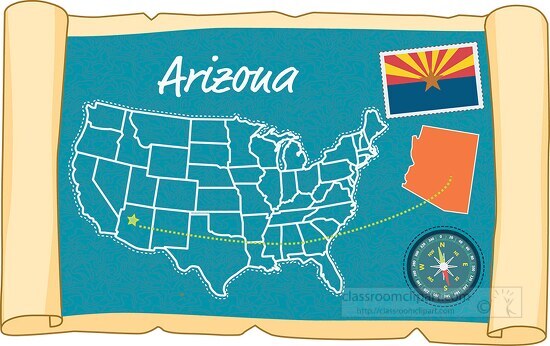 scrolled usa map showing arizona state map flag clipart