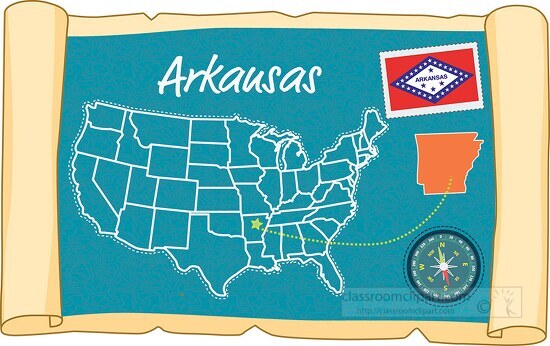 scrolled usa map showing arkansas state map flag clipart