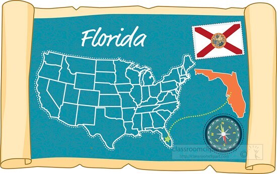 scrolled usa map showing florida state map flag clipart